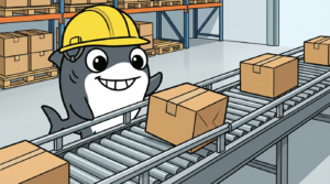 コンベヤでケースが斜行回転している異常をスマイルシャークが確認しているアイキャッチ画像