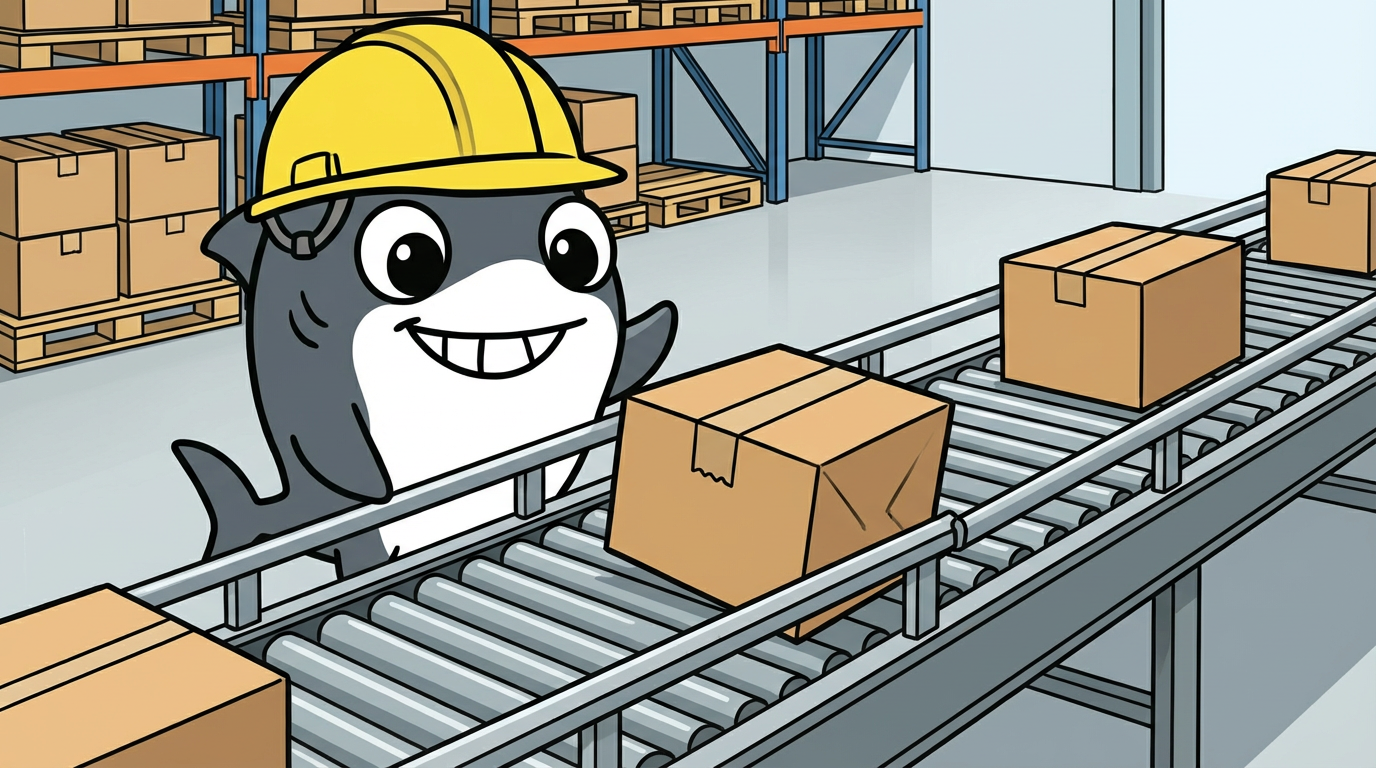 コンベヤでケースが斜行回転している異常をスマイルシャークが確認しているアイキャッチ画像