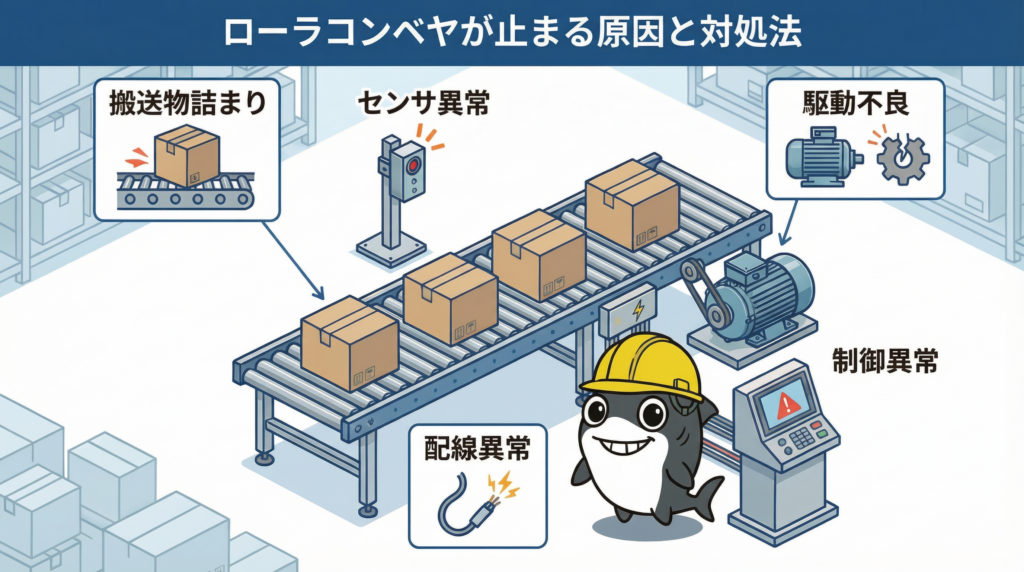 ローラコンベヤ停止の主な原因を図解したアイキャッチ画像