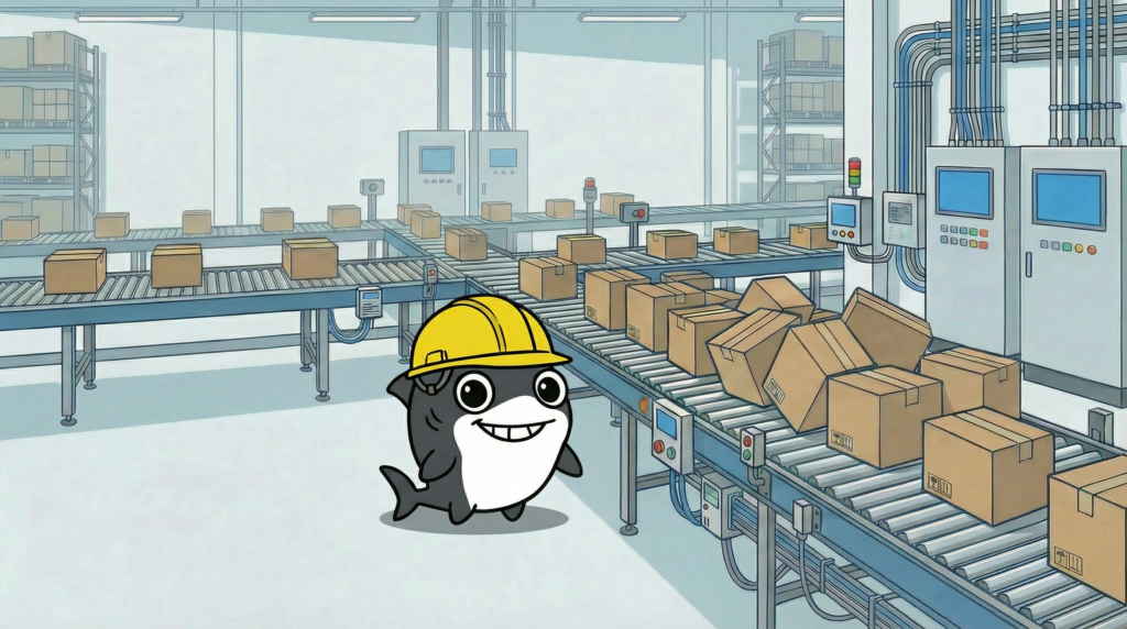 物流倉庫のローラコンベヤで搬送物詰まりが発生している現場イメージ