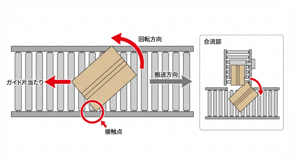 ガイドや合流部でケースの片側だけが先に当たり、姿勢が崩れて斜行・回転する流れを示した図。