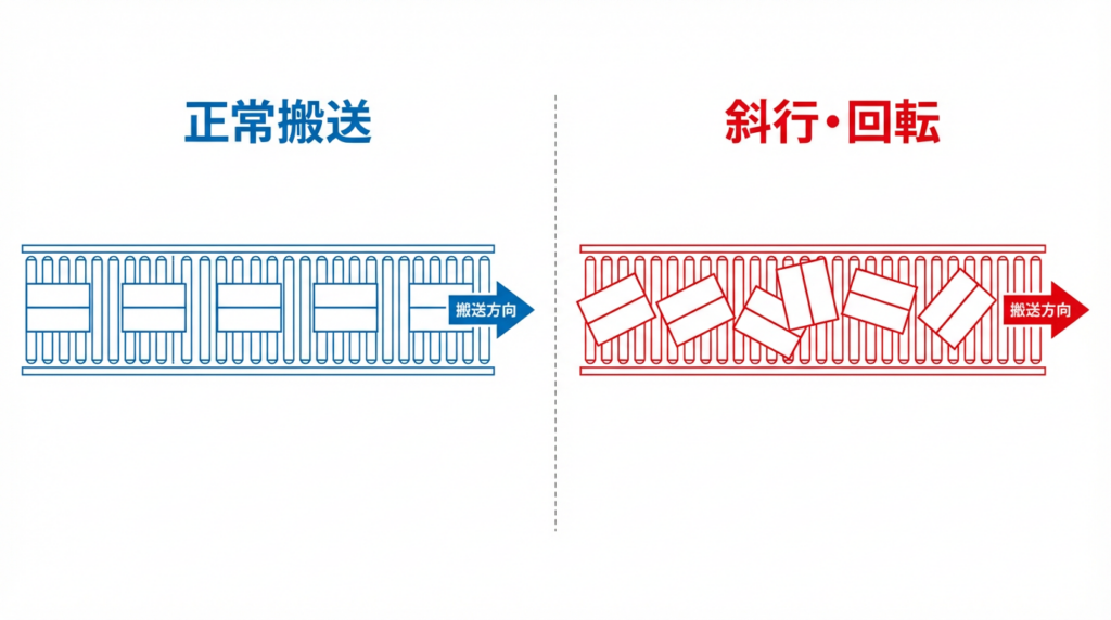 正常搬送のケースと、斜行・回転しているケースを比較した図。正常側は搬送方向に対して平行、異常側は斜めを向いて流れている。