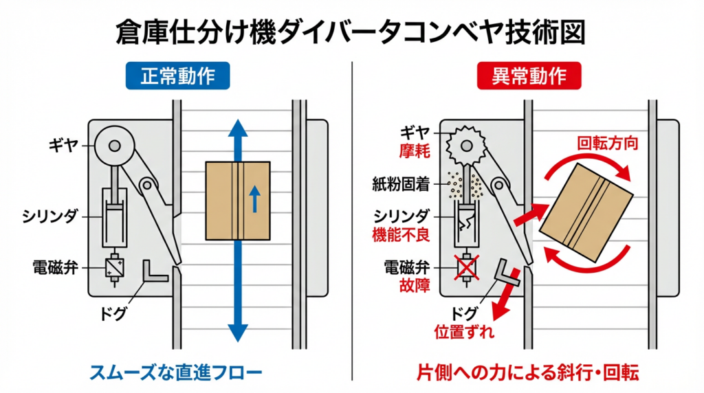 ソーター分岐モジュールのギヤ摩耗、紙粉固着、シリンダ不良、電磁弁不良、ドグ位置ずれなどでケース姿勢が崩れ、下流で回転して見える例を示した図。