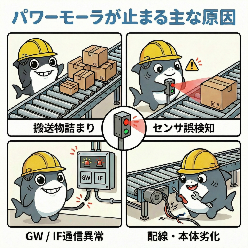 パワーモーラが止まる主な原因(搬送物詰まり、センサ誤検知、GW通信異常、配線劣化)