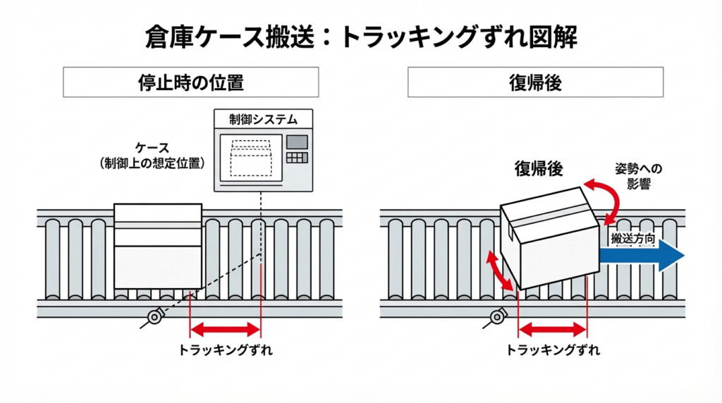 停止復帰時やトラッキングずれにより、実際のケース位置と制御上の想定位置がずれ、ケース姿勢が崩れる流れを示した図。